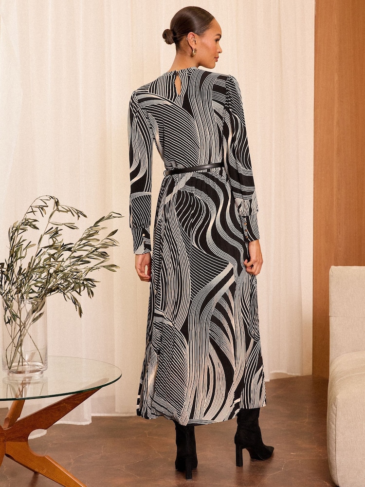 Love & Roses Monochrome Printed Jersey Crew Neck Long Sleeve Midi Dress - Image 2 of 4