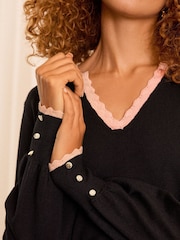 Love & Roses Black and Blush Pink Scallop Tipped Notch Neck Fine Gauge Jumper - Image 2 of 4