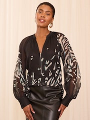 Love & Roses Black Animal Zip Front Mix Sheer Long Sleeve Length Blouse - Image 1 of 4