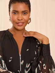 Love & Roses Black Animal Zip Front Mix Sheer Long Sleeve Length Blouse - Image 2 of 4