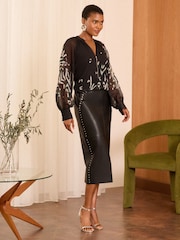 Love & Roses Black Animal Zip Front Mix Sheer Long Sleeve Length Blouse - Image 3 of 4