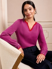 Love & Roses Purple and Red Scallop Tipped Notch Neck Fine Gauge Jumper - Image 1 of 4