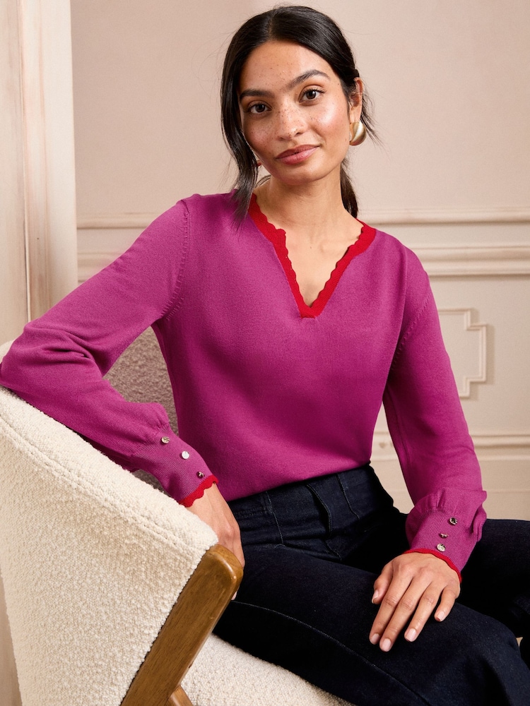 Love & Roses Purple and Red Scallop Tipped Notch Neck Fine Gauge Jumper - Image 1 of 4