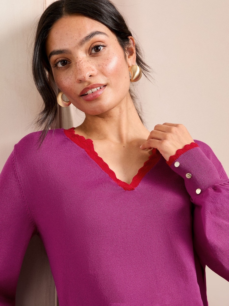 Love & Roses Purple and Red Scallop Tipped Notch Neck Fine Gauge Jumper - Image 2 of 4