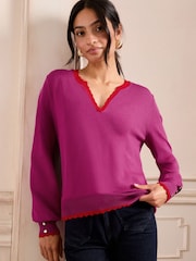 Love & Roses Purple and Red Scallop Tipped Notch Neck Fine Gauge Jumper - Image 3 of 4