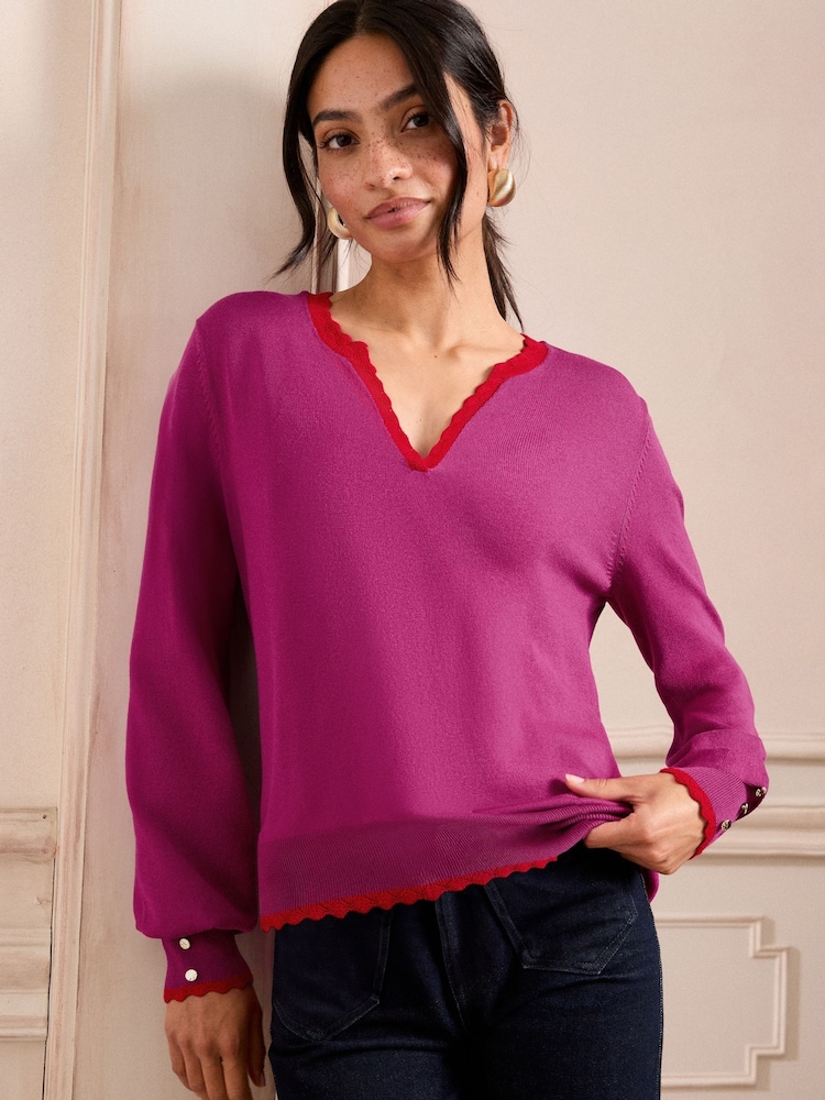 Love & Roses Purple and Red Scallop Tipped Notch Neck Fine Gauge Jumper - Image 3 of 4