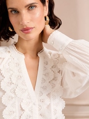 Love & Roses Ivory Petite Lace Detail Button Through Long Sleeve Blouse - Image 2 of 4