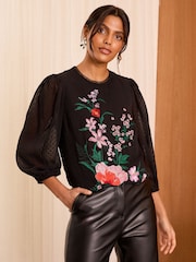 Love & Roses Black Floral Embroidered Dobby 3/4 Sleeve Blouse - Image 1 of 4