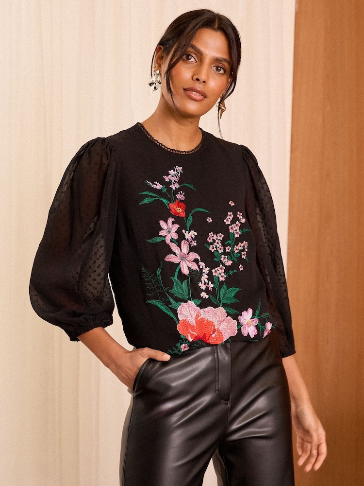 Love & Roses Black Floral Embroidered Dobby 3/4 Sleeve Blouse - Image 1 of 4