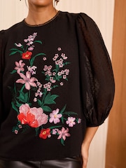 Love & Roses Black Floral Embroidered Dobby 3/4 Sleeve Blouse - Image 2 of 4