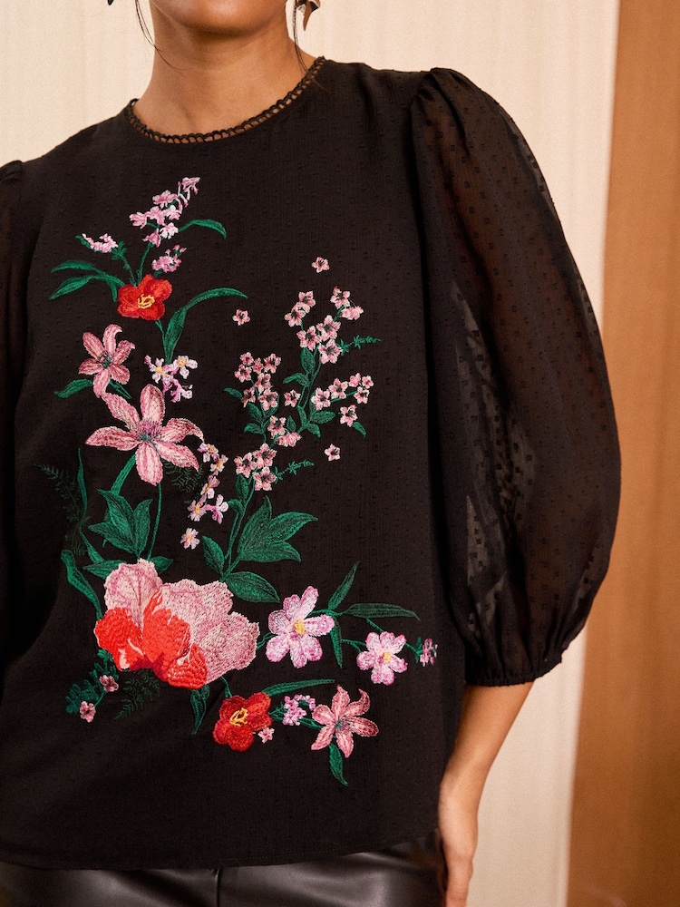 Love & Roses Black Floral Embroidered Dobby 3/4 Sleeve Blouse - Image 2 of 4