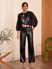 Love & Roses Black Floral Embroidered Dobby 3/4 Sleeve Blouse - Image 3 of 4
