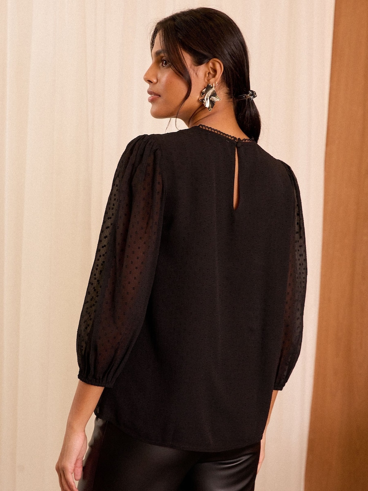 Love & Roses Black Floral Embroidered Dobby 3/4 Sleeve Blouse - Image 4 of 4
