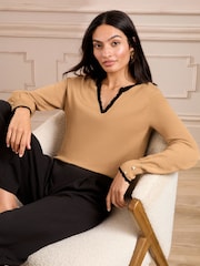 Love & Roses Camel and Black Scallop Tipped Notch Neck Fine Gauge Jumper - Image 1 of 4