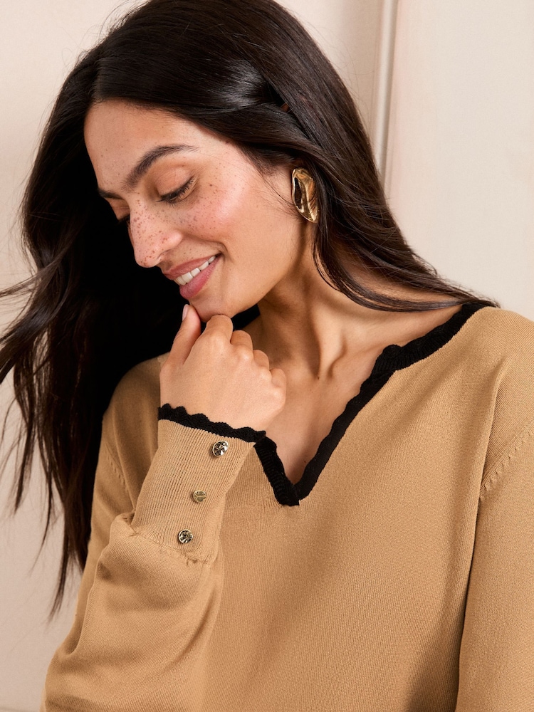 Love & Roses Camel and Black Scallop Tipped Notch Neck Fine Gauge Jumper - Image 2 of 4 Love & Roses Camel and Black Scallop Tipped Notch Neck Fine Gauge Jumper - Image 2 of 4
