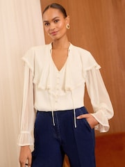 Love & Roses Ivory Capelet Notch Neck Long Sleeve Blouse - Image 1 of 4