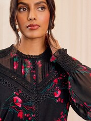 Love & Roses Black Floral Petite Jersey Chiffon Sleeve Lace Trim Blouse - Image 2 of 4
