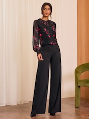 Love & Roses Black Floral Petite Jersey Chiffon Sleeve Lace Trim Blouse - Image 3 of 4