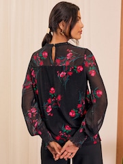 Love & Roses Black Floral Petite Jersey Chiffon Sleeve Lace Trim Blouse - Image 4 of 4