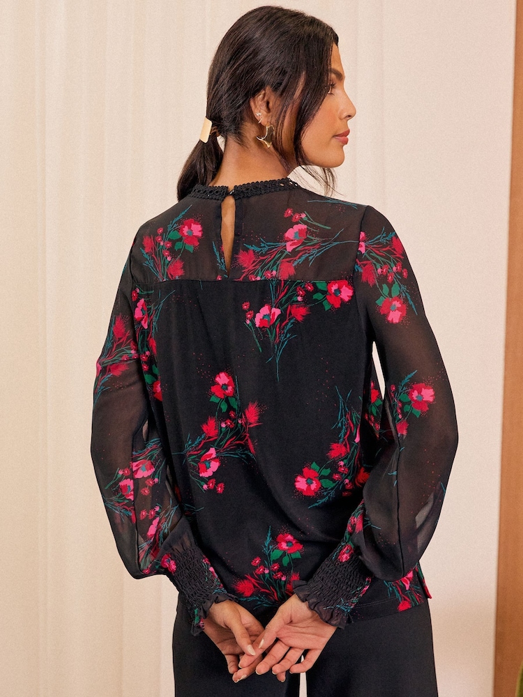 Love & Roses Black Floral Petite Jersey Chiffon Sleeve Lace Trim Blouse - Image 4 of 4