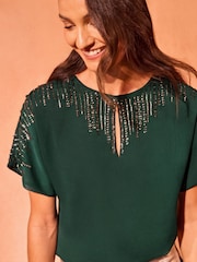 Love & Roses Green Embellished Drop Sleeve Blouse - Image 1 of 4