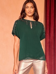 Love & Roses Green Embellished Drop Sleeve Blouse - Image 3 of 4