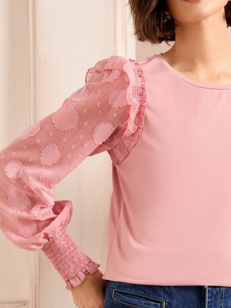 Love & Roses Blush Pink Floral Woven Sleeve Jersey Blouse - Image 2 of 4