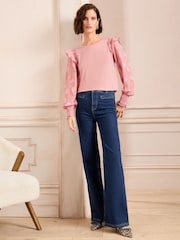 Love & Roses Blush Pink Floral Woven Sleeve Jersey Blouse - Image 3 of 4