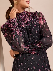 Love & Roses Black Floral Petite Mini Plisse Dress - Image 2 of 4