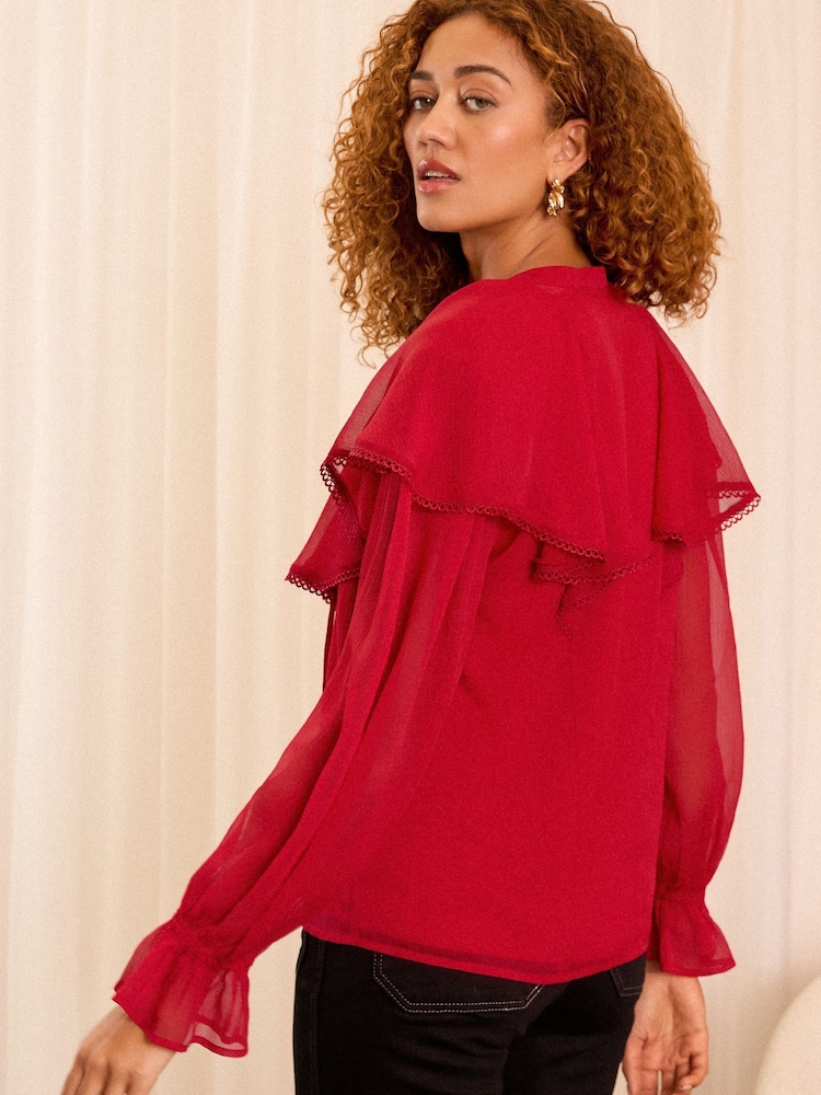 Love & Roses Red Capelet Notch Neck Long Sleeve Blouse - Image 2 of 4