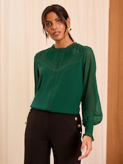 Love & Roses Green Petite Jersey Chiffon Sleeve Lace Trim Blouse - Image 1 of 4
