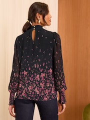 Love & Roses Black and Pink Floral Print Plisse Mesh Long Sleeve Jersey Blouse - Image 2 of 4