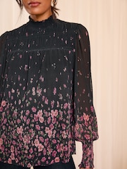 Love & Roses Black and Pink Floral Print Plisse Mesh Long Sleeve Jersey Blouse - Image 3 of 4