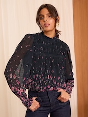 Love & Roses Black and Pink Floral Print Plisse Mesh Long Sleeve Jersey Blouse - Image 4 of 4