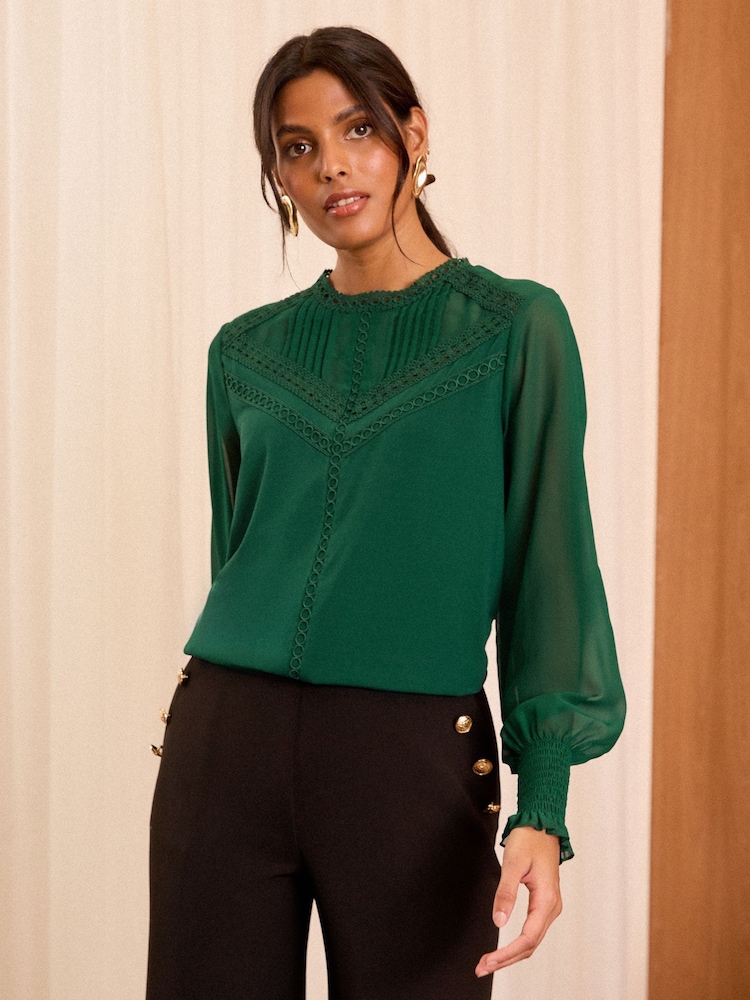Love & Roses Green Jersey Chiffon Sleeve Lace Trim Blouse - Image 1 of 4