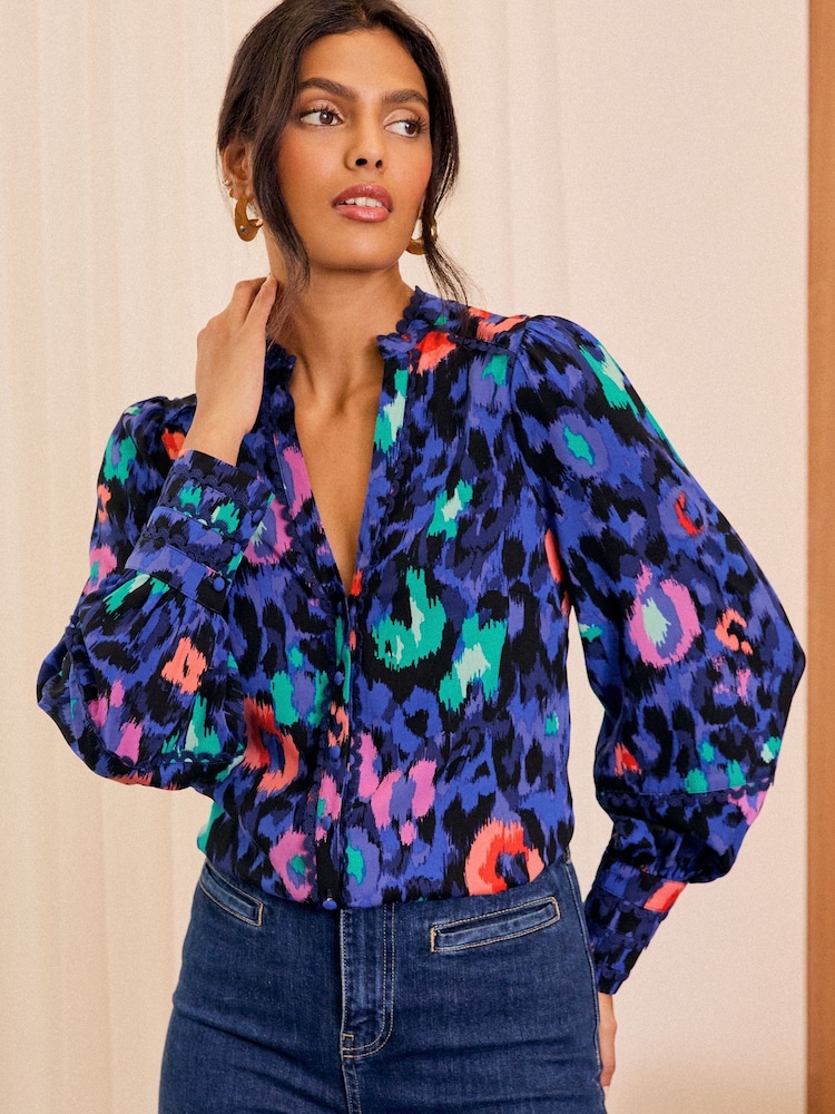 Love & Roses Blue Animal Leopard Print Ric Rac Notch Neck Long Sleeve Blouse - Image 1 of 4