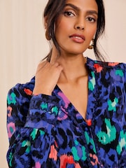 Love & Roses Blue Animal Leopard Print Ric Rac Notch Neck Long Sleeve Blouse - Image 2 of 4