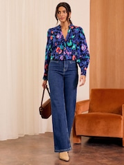 Love & Roses Blue Animal Leopard Print Ric Rac Notch Neck Long Sleeve Blouse - Image 3 of 4