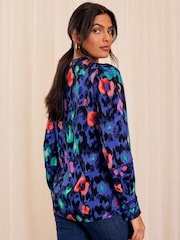 Love & Roses Blue Animal Leopard Print Ric Rac Notch Neck Long Sleeve Blouse - Image 4 of 4