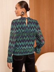 Love & Roses Green And Blue Chevron Print Plisse Mesh Long Sleeve Jersey Blouse - Image 2 of 4