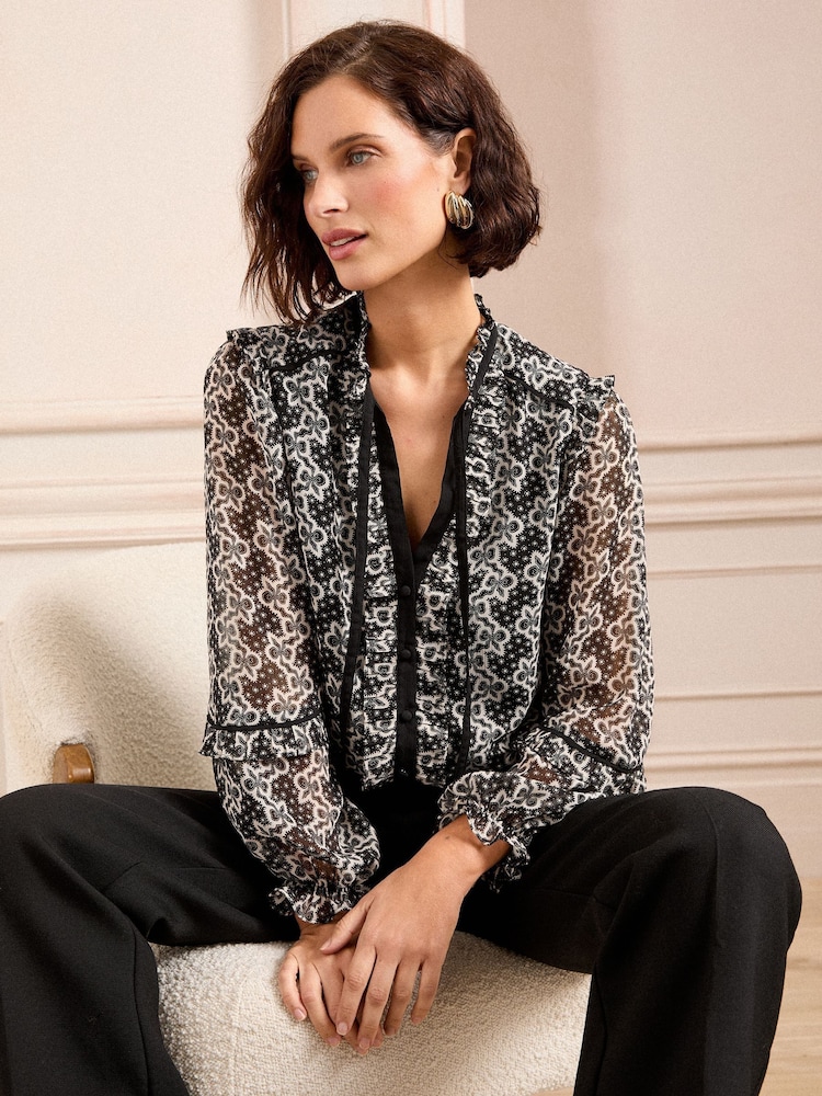 Love & Roses Black/White Printed Tie Neck Detail Long Sleeve Blouse - Image 1 of 4