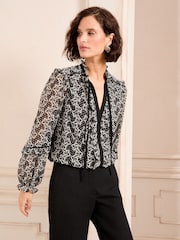 Love & Roses Black/White Printed Tie Neck Detail Long Sleeve Blouse - Image 2 of 4