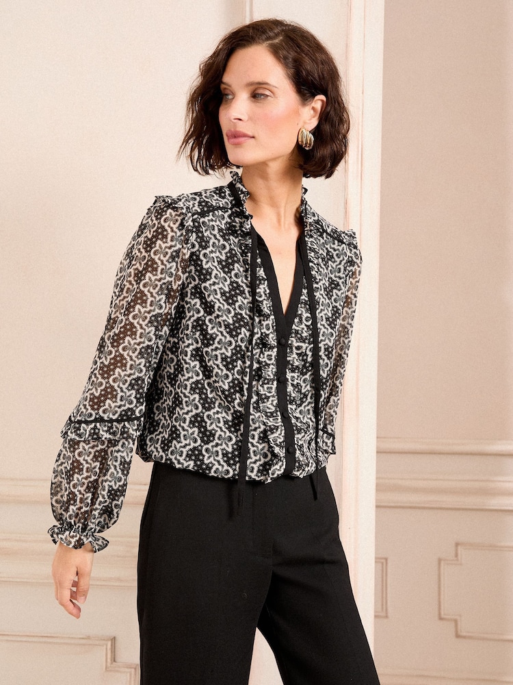 Love & Roses Black/White Printed Tie Neck Detail Long Sleeve Blouse - Image 2 of 4