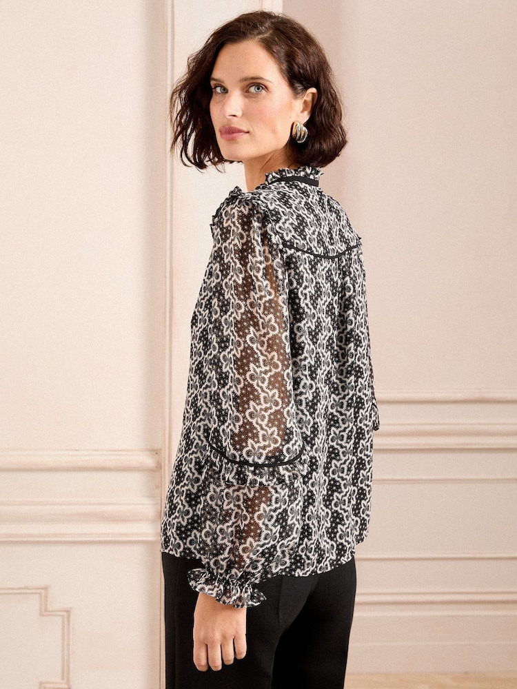 Zwart/wit - Love & Roses blouse met lange mouwen, print en strik - Image 3 of 4