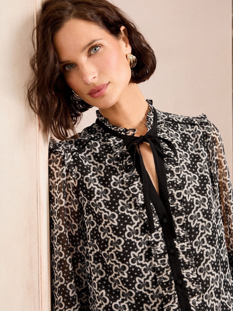 Love & Roses Black/White Printed Tie Neck Detail Long Sleeve Blouse - Image 4 of 4