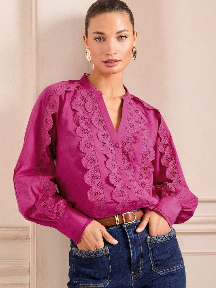 Love & Roses Pink Lace Detail Button Through Long Sleeve Blouse - Image 1 of 8 Love & Roses Pink Lace Detail Button Through Long Sleeve Blouse - Image 1 of 8
