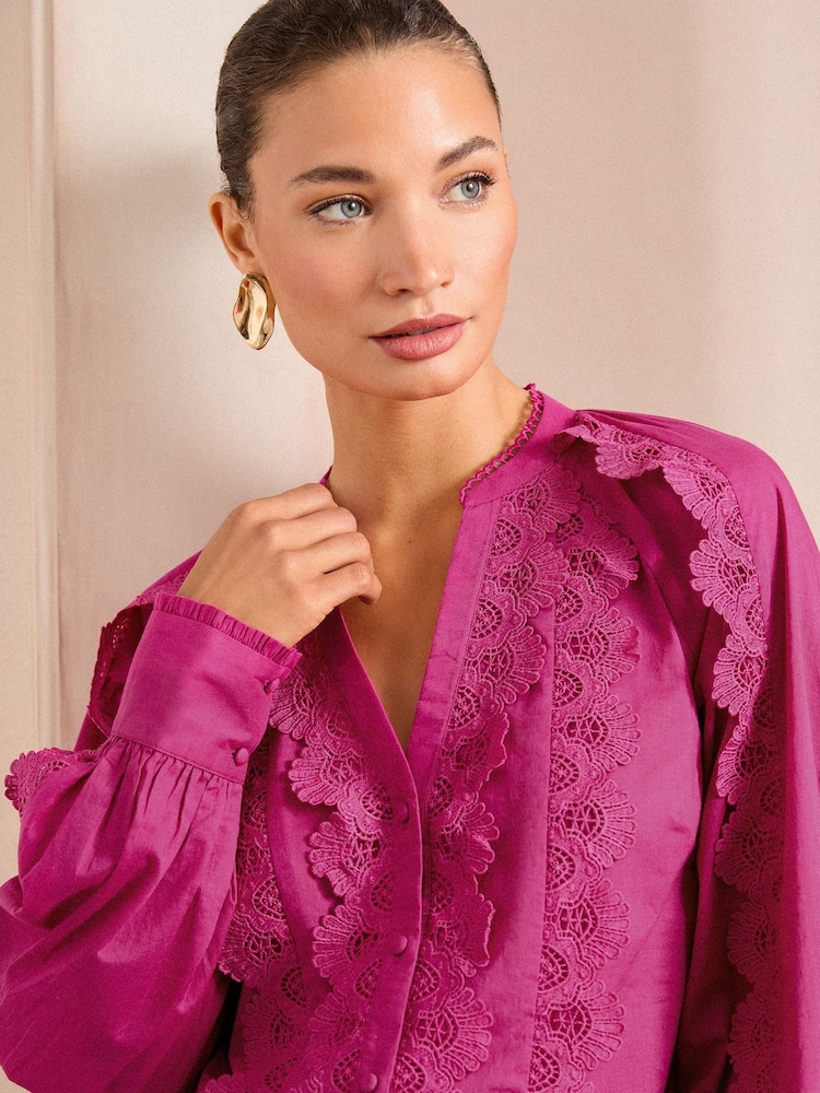 Love & Roses Pink Lace Detail Button Through Long Sleeve Blouse - Image 2 of 8 Love & Roses Pink Lace Detail Button Through Long Sleeve Blouse - Image 2 of 8