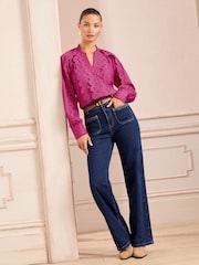 Love & Roses Pink Lace Detail Button Through Long Sleeve Blouse - Image 3 of 8