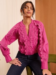 Love & Roses Pink Lace Detail Button Through Long Sleeve Blouse - Image 5 of 8