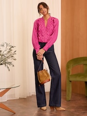 Love & Roses Pink Lace Detail Button Through Long Sleeve Blouse - Image 7 of 8